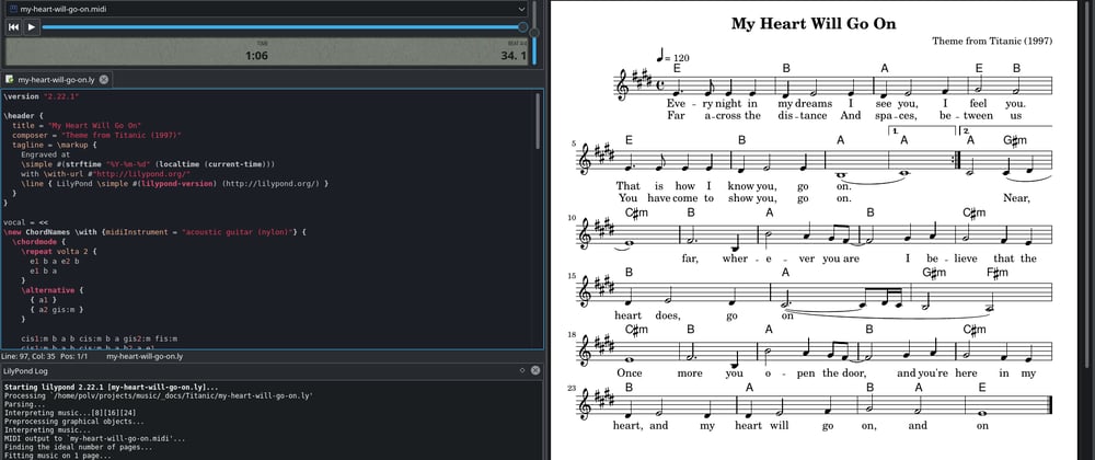 Cover image for Linux sheet music and MIDI authoring with Frescobaldi/Lilypond