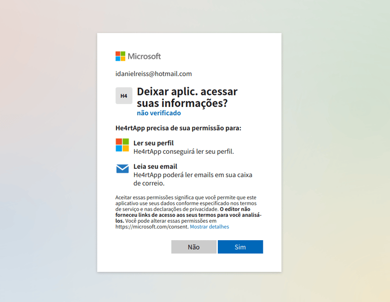 Tela de autenticação com o OAuth da Microsoft