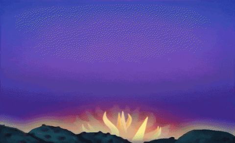 An animated sun rises over the hills. The sunrays are rotating around the sphere and as it rises the sky changes color from a deep blue/purple to a vibrant mix of orange and red