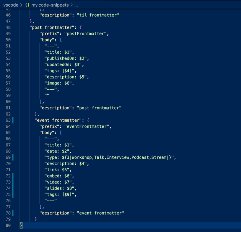 Screenshot of snippets file in VS Code