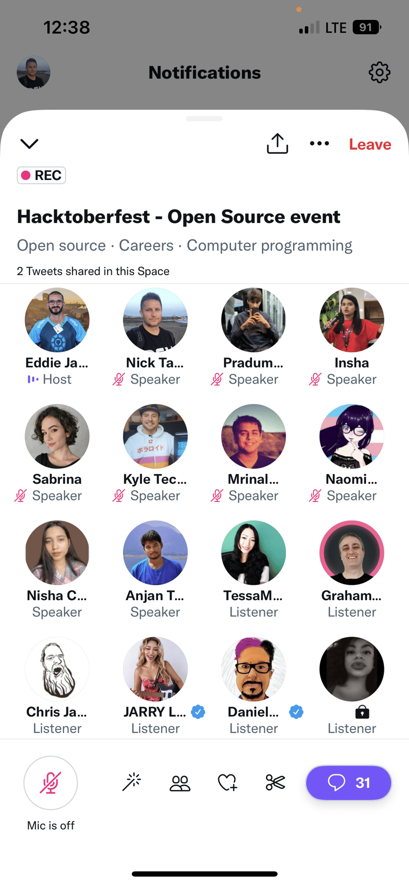 Twitter Spaces UI attendees list for Eddie Jaoude's Hacktoberfest Twitter Space today