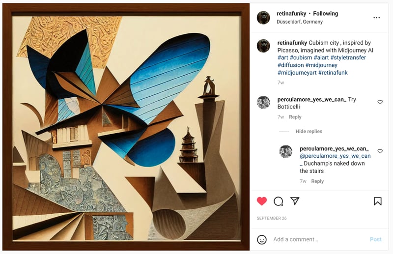 Screenshot of AI artwork by retinafunky on instagram: "Cubism city , inspired by Picasso, imagined with Midjourney AI"