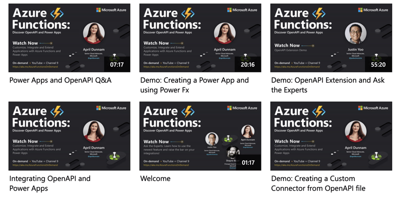 Image shows 6 speaker cards for the 6 sessions from the Azure Functions event, each linked to a video for replay