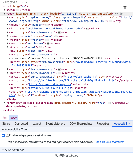 DevTools elements tab open showing some code as well as the Accessibility Pane
