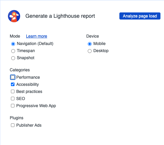 Overview of Lighthouse report, only checkbox for Accessibility test is checked