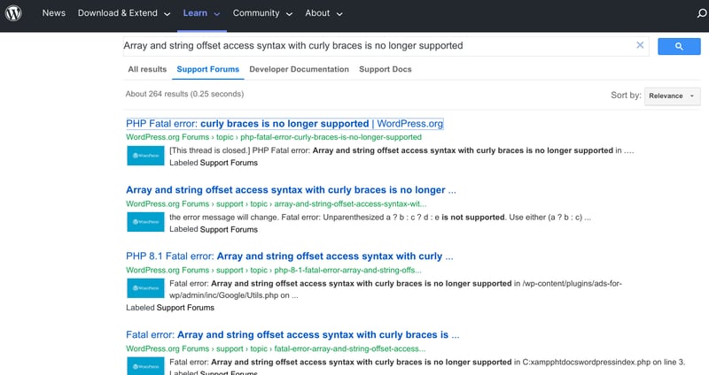 Screenshot of search results on wordpress.org: learn: Array and string offset access syntax with curly brances is no longer supported: support forums: about 264 results