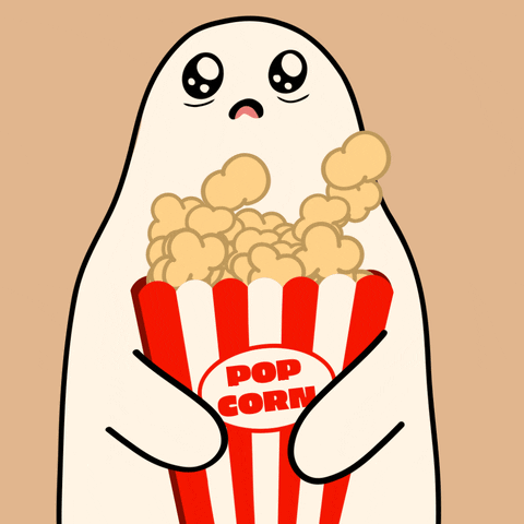A cute cartoon ghost eating popcorn and looking freaked out while apparently watching a horror film