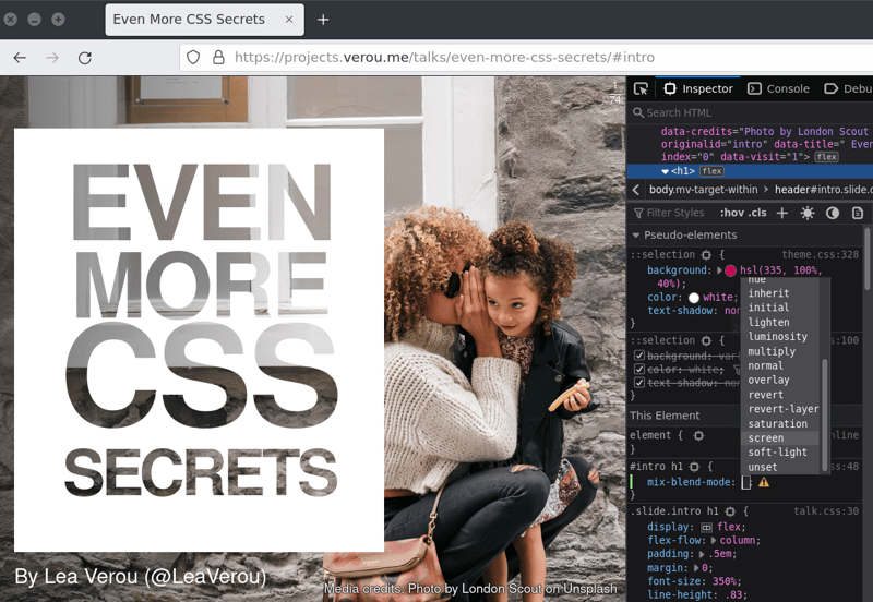 Screenshot of Lea Verous's even more CSS secrets slide while inspecting blend modes in Firefox developer tools