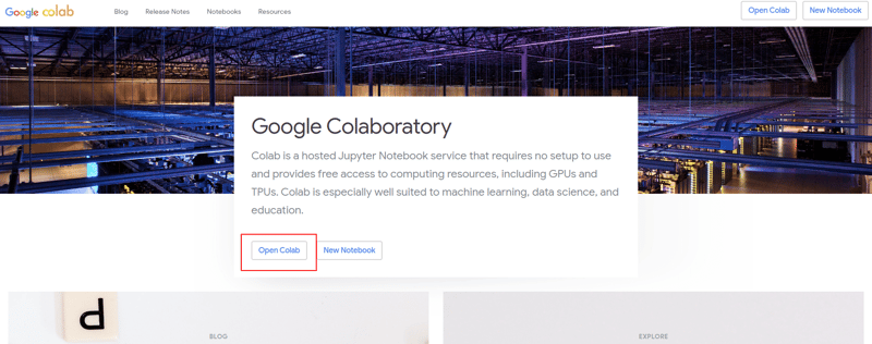 Homepage of Google colab