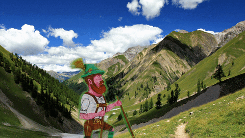A cartoon man dressed in lederhosen hikes up a mountain with walking sticks in each hand.