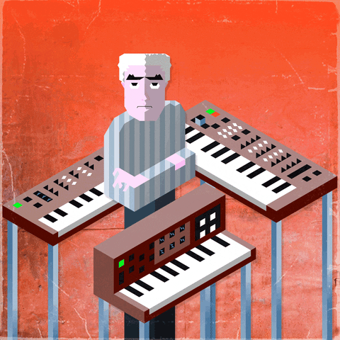 A cartoon of Bob Moog standing in the middle of 3 synthesizers. His arms are crossed and he's looking directly at us like a boss.