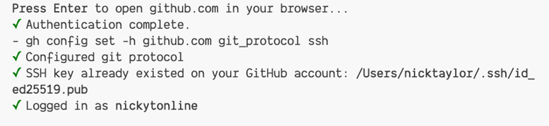 GitHub CLI confirming that you are logged in