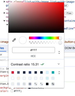 Color Inspector in Chrome DevTools showing a contrast ratio of 15.31 for the selected color (white)