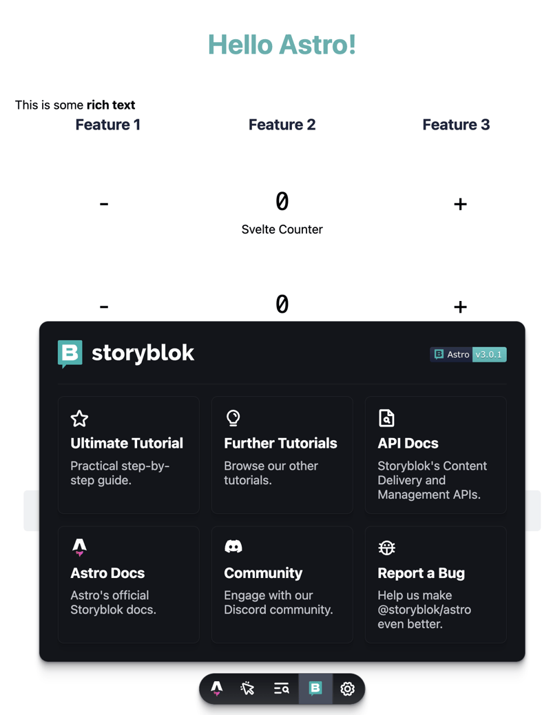 Storyblok tab in the Astro Dev Toolbar