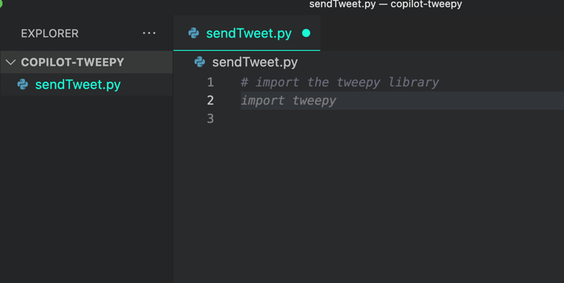 my comment that says import the tweepy library and Copilot suggesting I import Tweepy