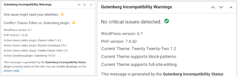 Screenshot of Gutenberg incompatibility warnings in the plugin's status widget