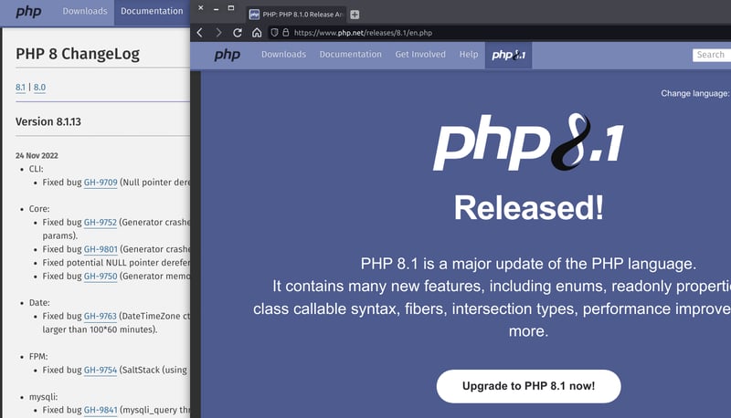Screenshot of php.net website: PHP 8 ChangeLog Version 8.1.13, 24 Nov 2022. PHP 8.1 released! PHP 8.1 is a major update of the PHP language ... upgrade to PHP 8.1 now!