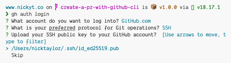 GitHub CLI prompting to upload your public SSH key