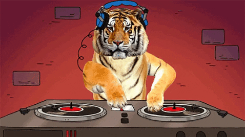 real image of a Tiger, sliced up to make it look like they are dj'ing a cartoon turntable.