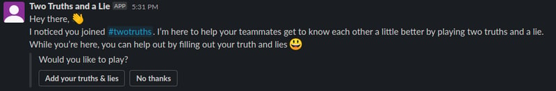 Two Truths and a Lie Game Slack Bot