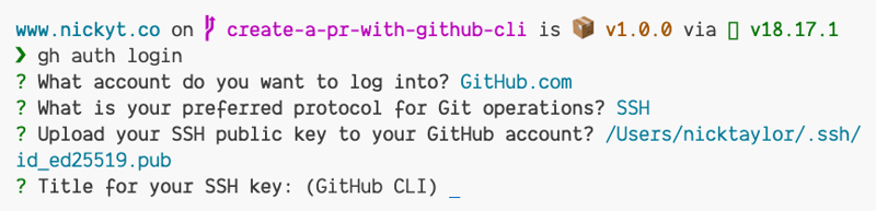 The GitHub CLI prompting for a title for the SSH public key