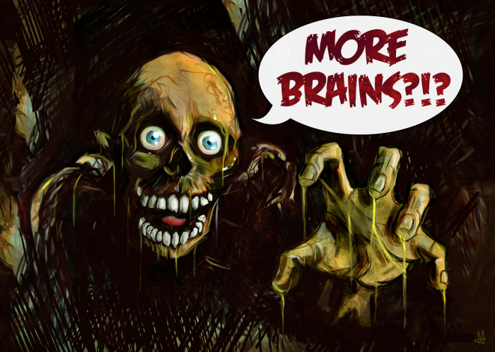 zombie reaching towards you saying "more brains"