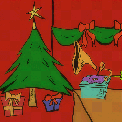 You see a Seussian cartoon room with a Christmas tree and gifts under it, a gramophone sits in the foreground. A green hand reaches into the screen and sets the needle of the gramophone onto a spinning record. One by one, the words "You're a mean one, Mr Grinch!" appear on screen.