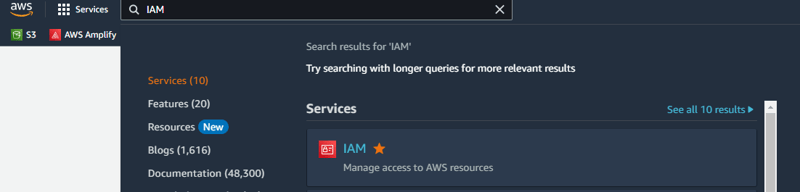 Dashboard search bar, type IAM