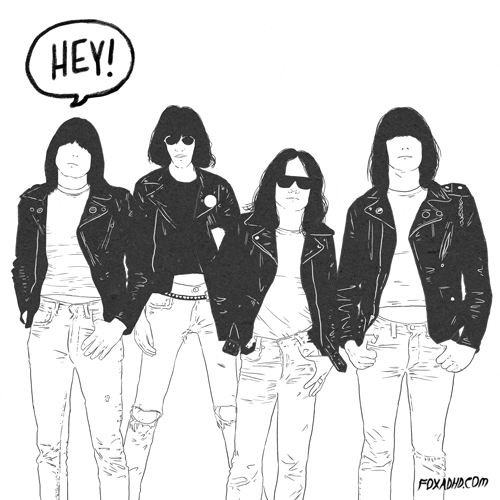 a picture of The Ramones standing in leather jackets, the words "hey, ho, let's go" appear over each person's head