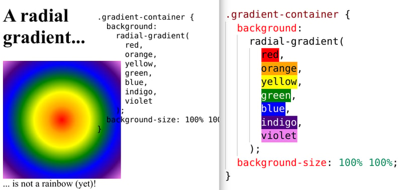Codepen: a radial gradient, but not a rainbow yet!