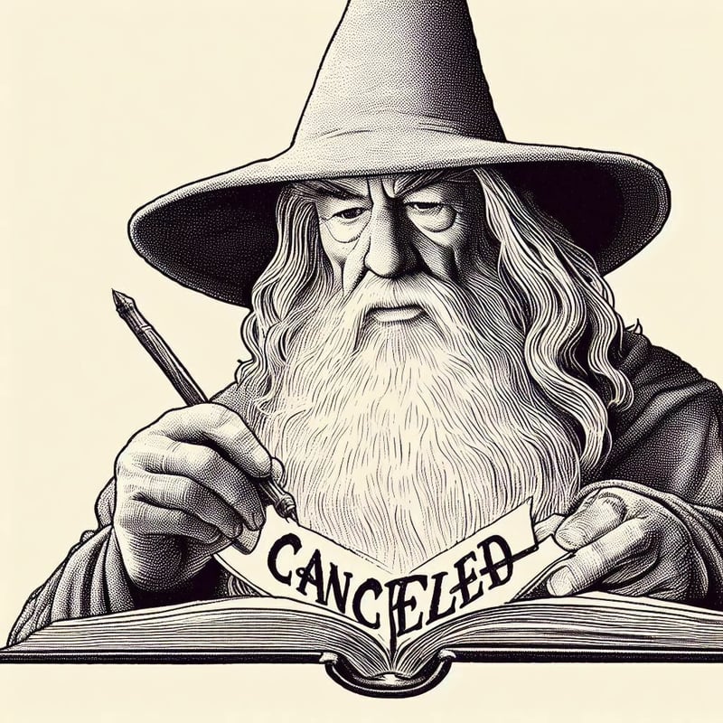 Imagem do Gandalf, do Senhor dos Anéis, criado por J.R.R Tolkien com um livro na mão escrito cancelled