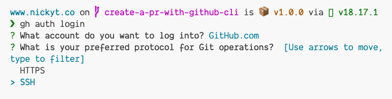 The GitHub CLI prompting with the following, What is your preferred protocol for Git operations? Use arrows to move, type to filter HTTPS or SSH