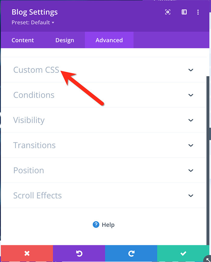 Custom CSS block in Divi module settings panel