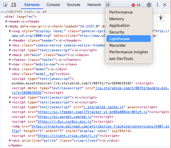 Chrome DevTools with the drop-down to open lighthouse
