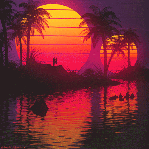 A vaporware style sunset... A couple holds hands standing between palm trees on an island in the background, we can see their dark silhouettes against a beautiful red/orange sunset. The sun is massive and has lines streaking through it that make it look highly stylized. The ocean in the foreground reflects the colors of the beautiful sun and sunset.