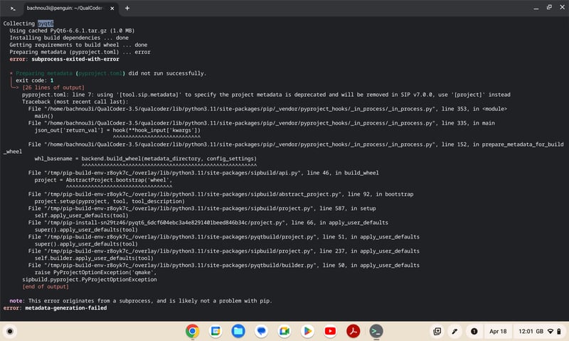 Error while instaling PyQt6 on ChromeOS